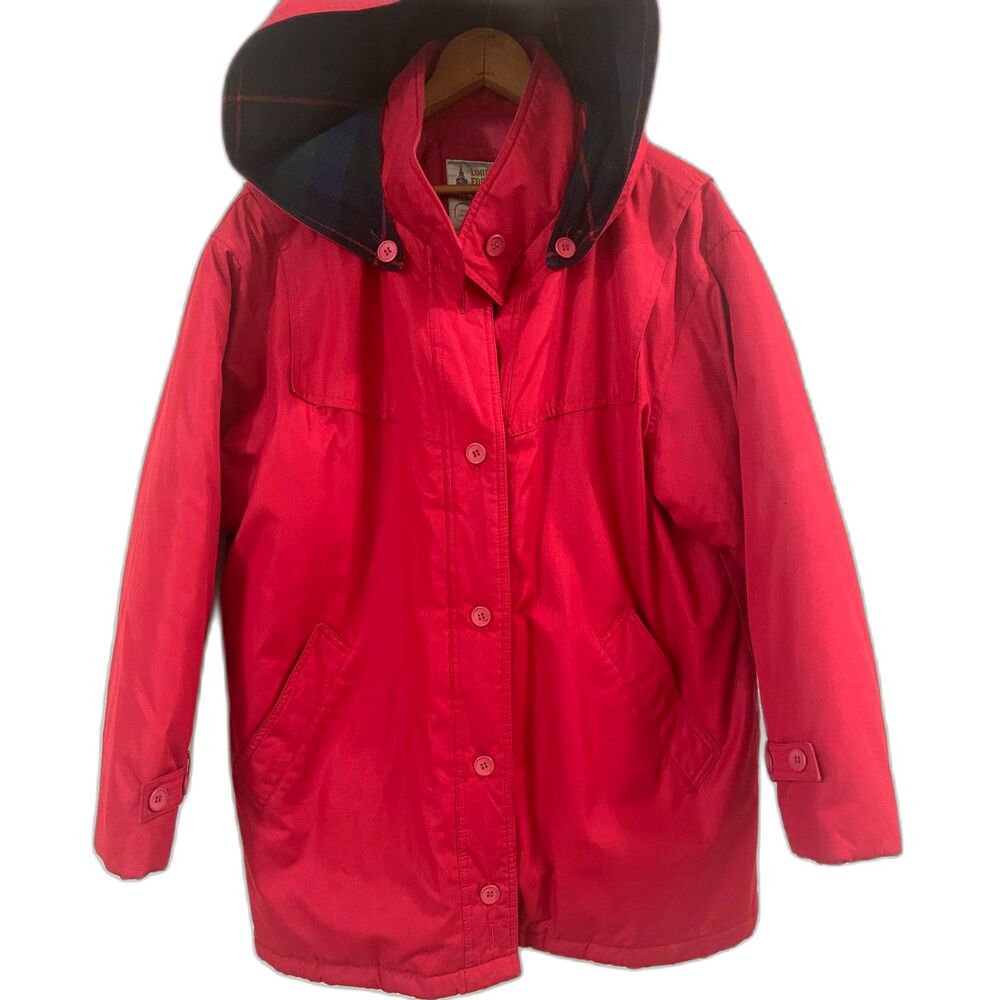 London Fog Down Red Coat Heavy Winter Jacket w/Plaid Hood Cotton Canvas Size 16